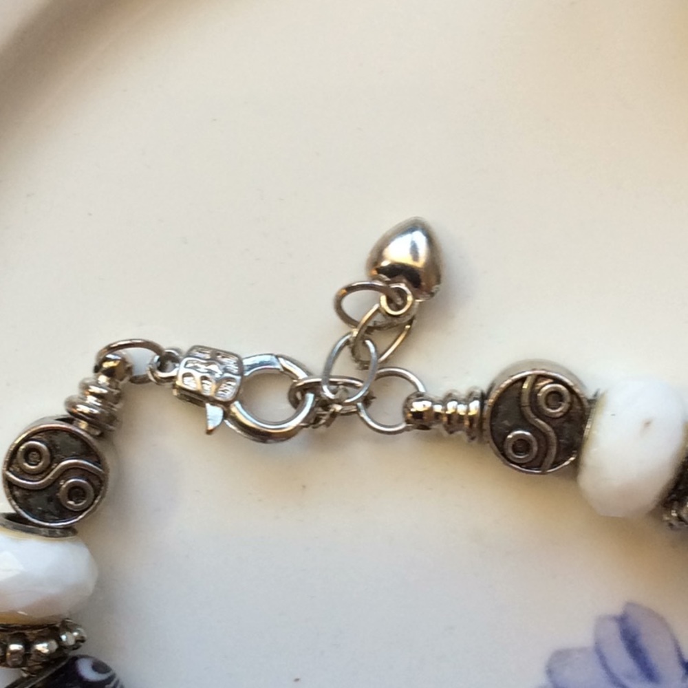 Valentia Hand Blown Murano Glass Beaded Bracelet w/ Earrings Black/White/Silver - Picture 3 of 7